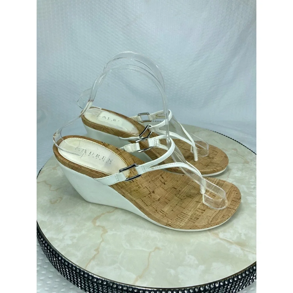 Lauren Ralph Lauren Rula Wedge Thong Sandals Women 8.5 White T-Strap Comfy Shoes
